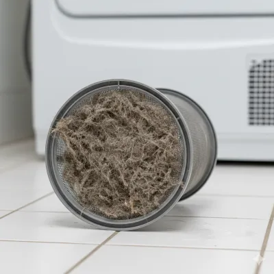 Acercamiento a un filtro de lavadora Samsung totalmente obstruido por restos de tela que requieren limpieza urgente