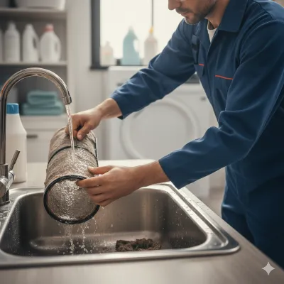 Técnico de servicios lavando a profundidad un filtro cilíndrico de lavadora Samsung bajo el grifo de la cocina