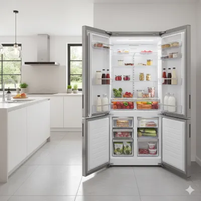 Técnico especializado realizando la reparación de congeladores tipo French Door en una cocina blanca de lujo