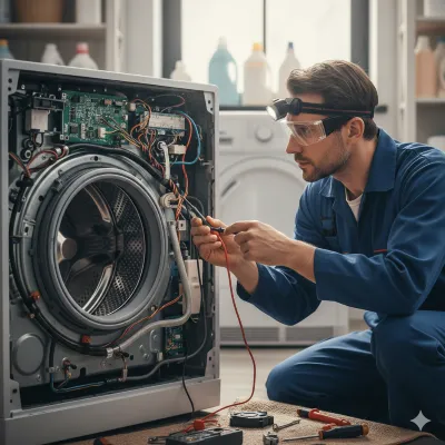 Detalle de la reparación de lavadoras donde el profesional mide el voltaje de los cables y la placa de control principal